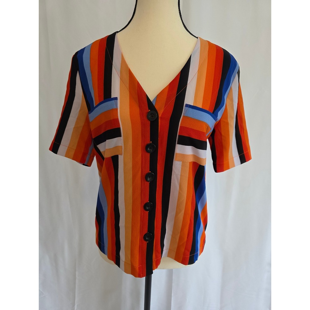 Takara Striped V Neck Button Up Short Sleeve Blouse Top Women's Size S